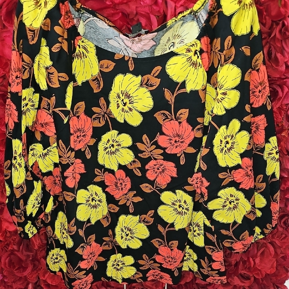 Ann Taylor Women's Floral Women's Top - Black, Yellow, Orange Size XLarge